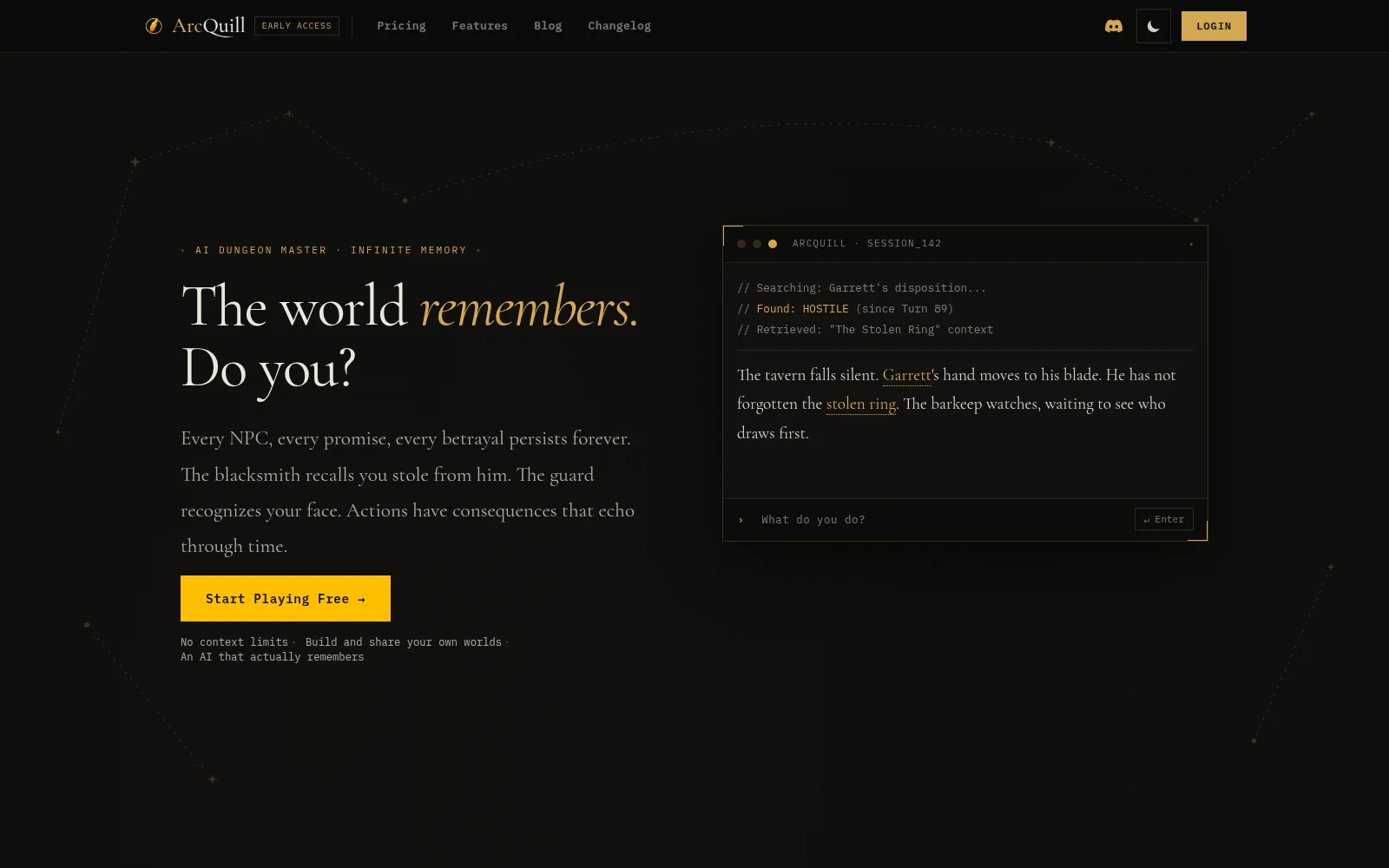 The ArcQuill site, showing a session panel in which the model retrieves an NPC's disposition and a past theft before narrating the scene.